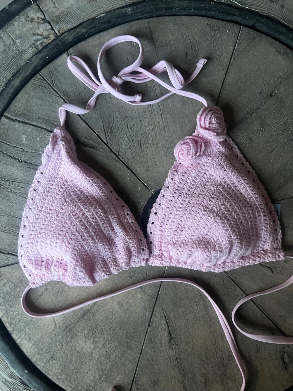 Shade & Shore Light Pink Crochet Bandeau Bikini Top  Rosette Detail Large B41
